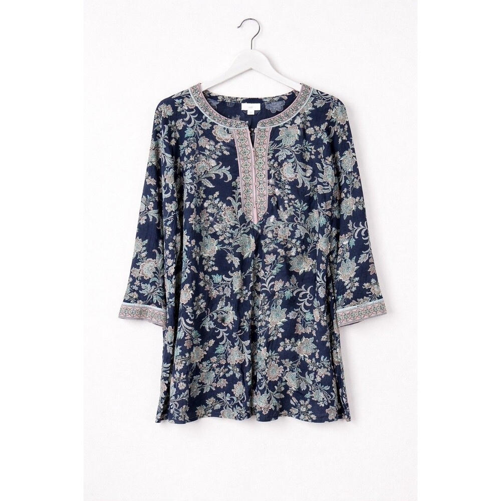 J Jill XL Tall Blue Floral Popover Tunic Top Cotton Tencel Modal Womens Minimal